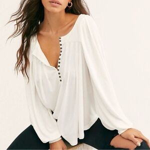 Free People Devin Textured Knit Henley Button Detail Top/Blouse - Medium